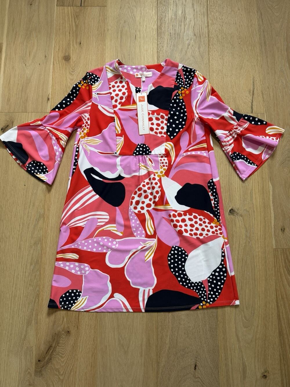 NWT JUDE CONNALLY Vibrant Red Pink Dress Floral XS Bell Sleeve USA Made $218 MSR
